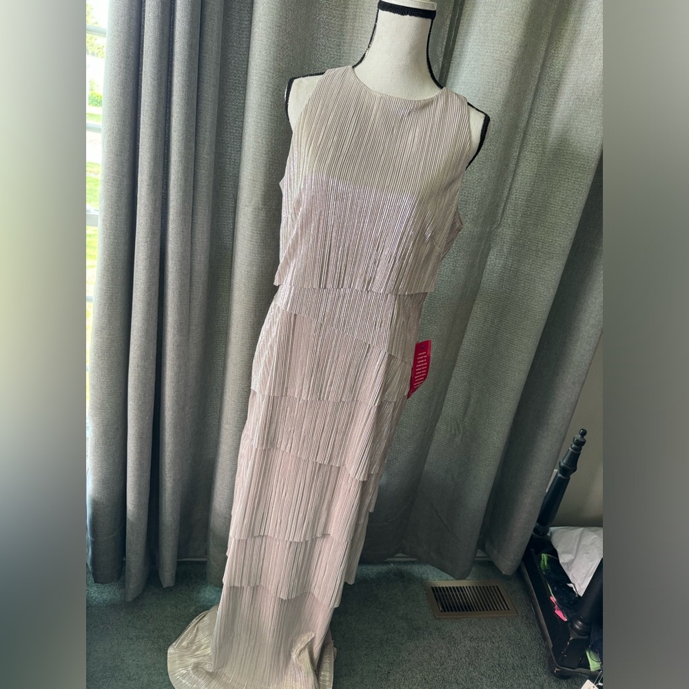 Alex Marie rose gold ruffle layered long dress rose gold color with shimmer